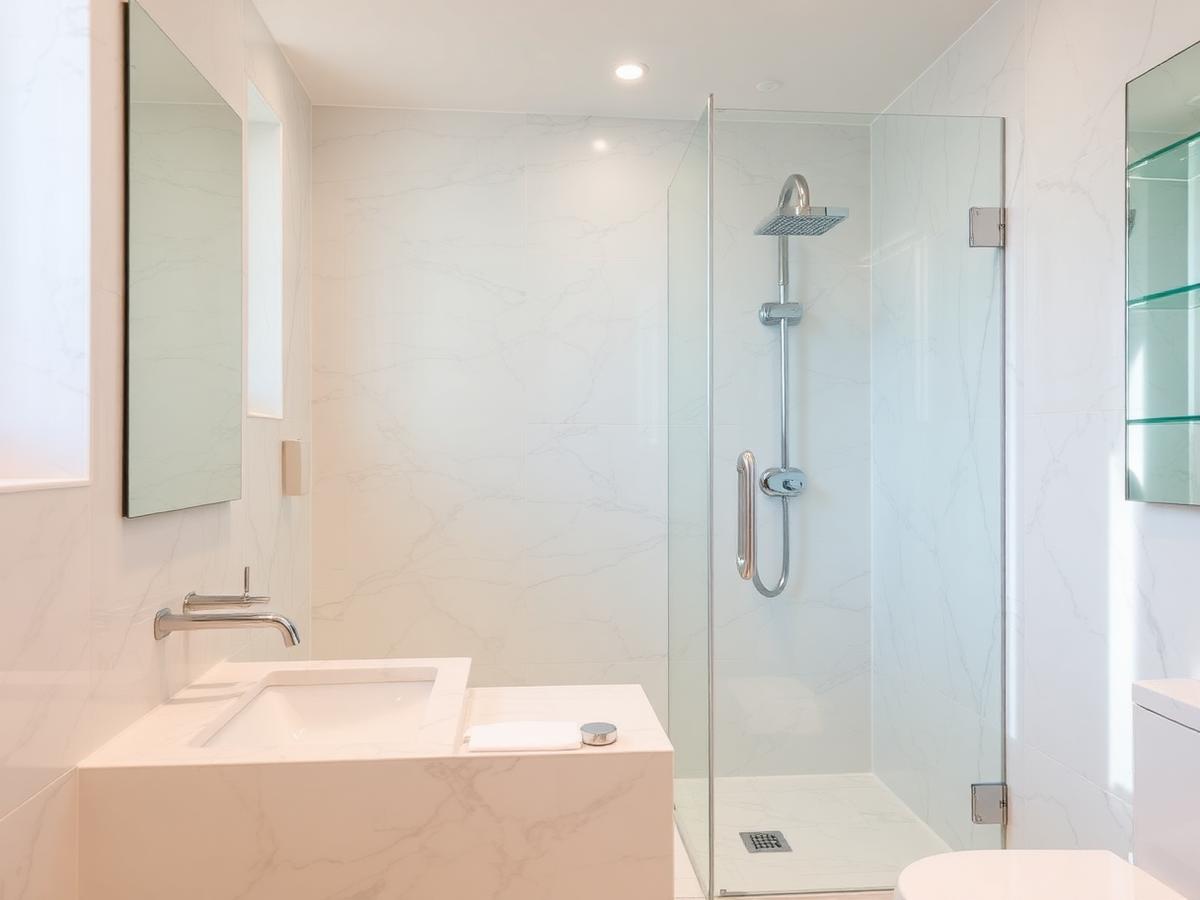 Pristine marble bathroom with glass shower