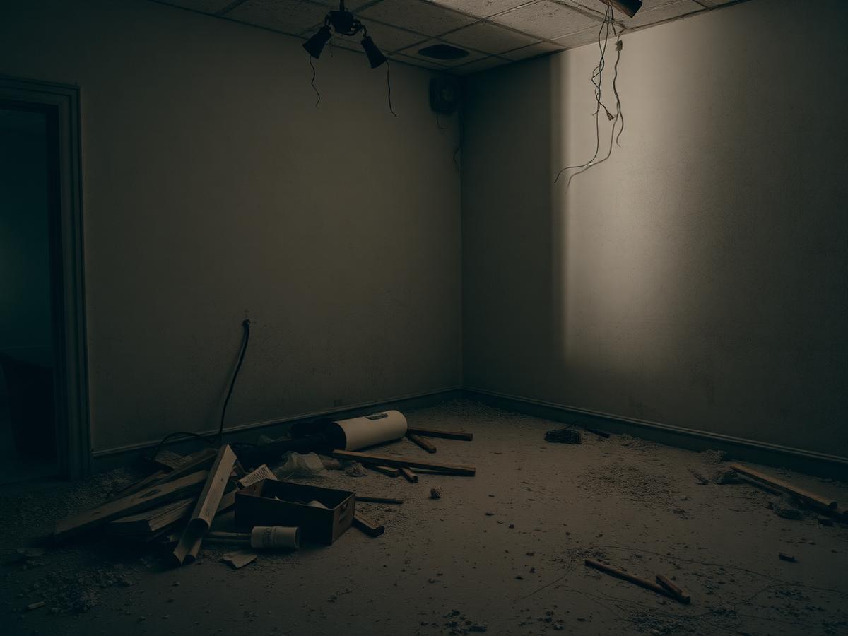 Room before cleaning, covered in construction dust and debris