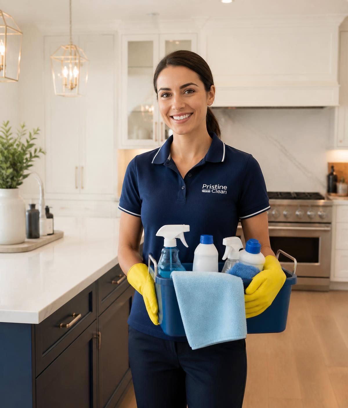 Professional KM cleaner in a bright luxury kitchen