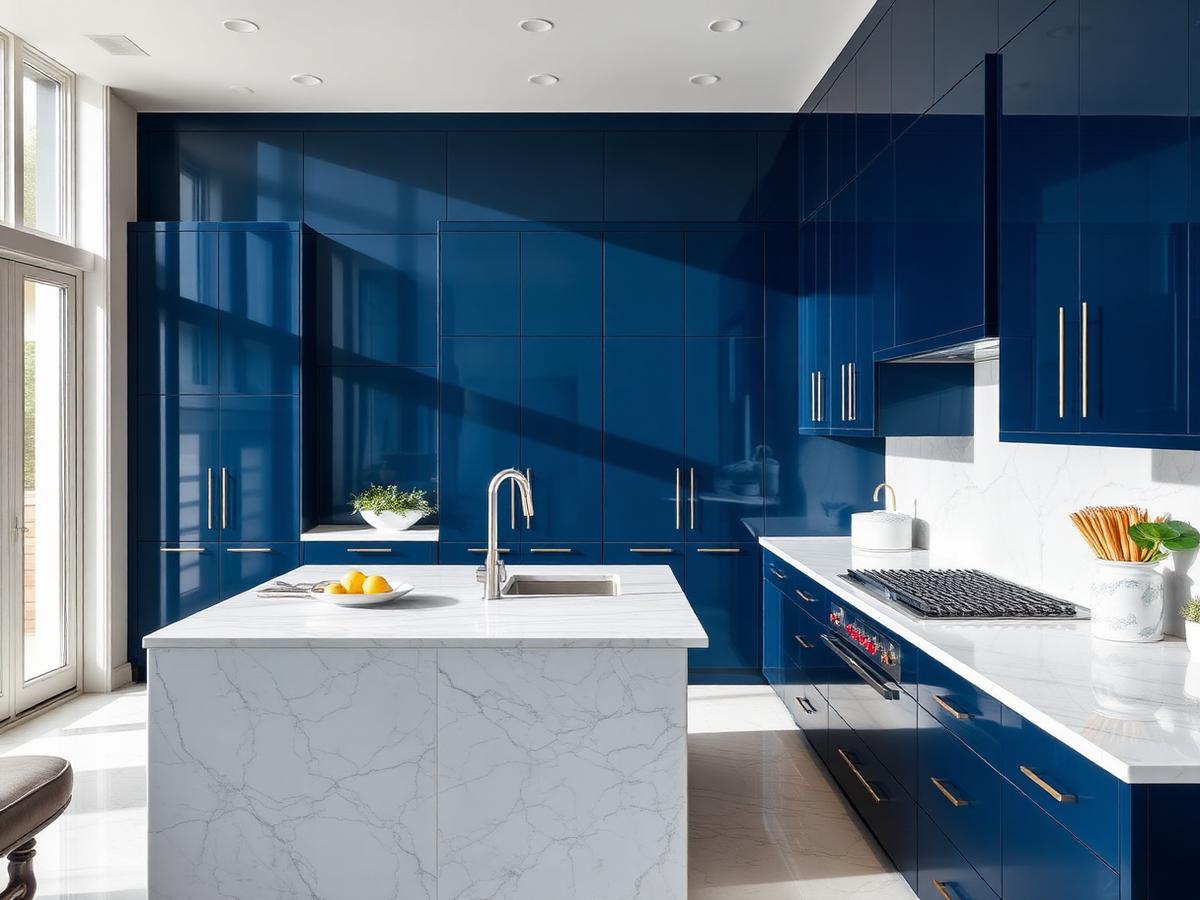 Spotless modern navy and marble kitchen